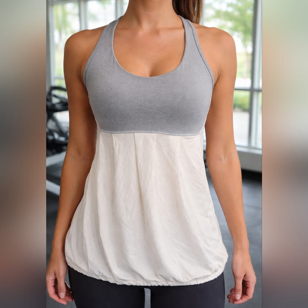 Lululemon PoweTank Size 6 Built In Bra Racerback Gray White Workout Yoga Top
